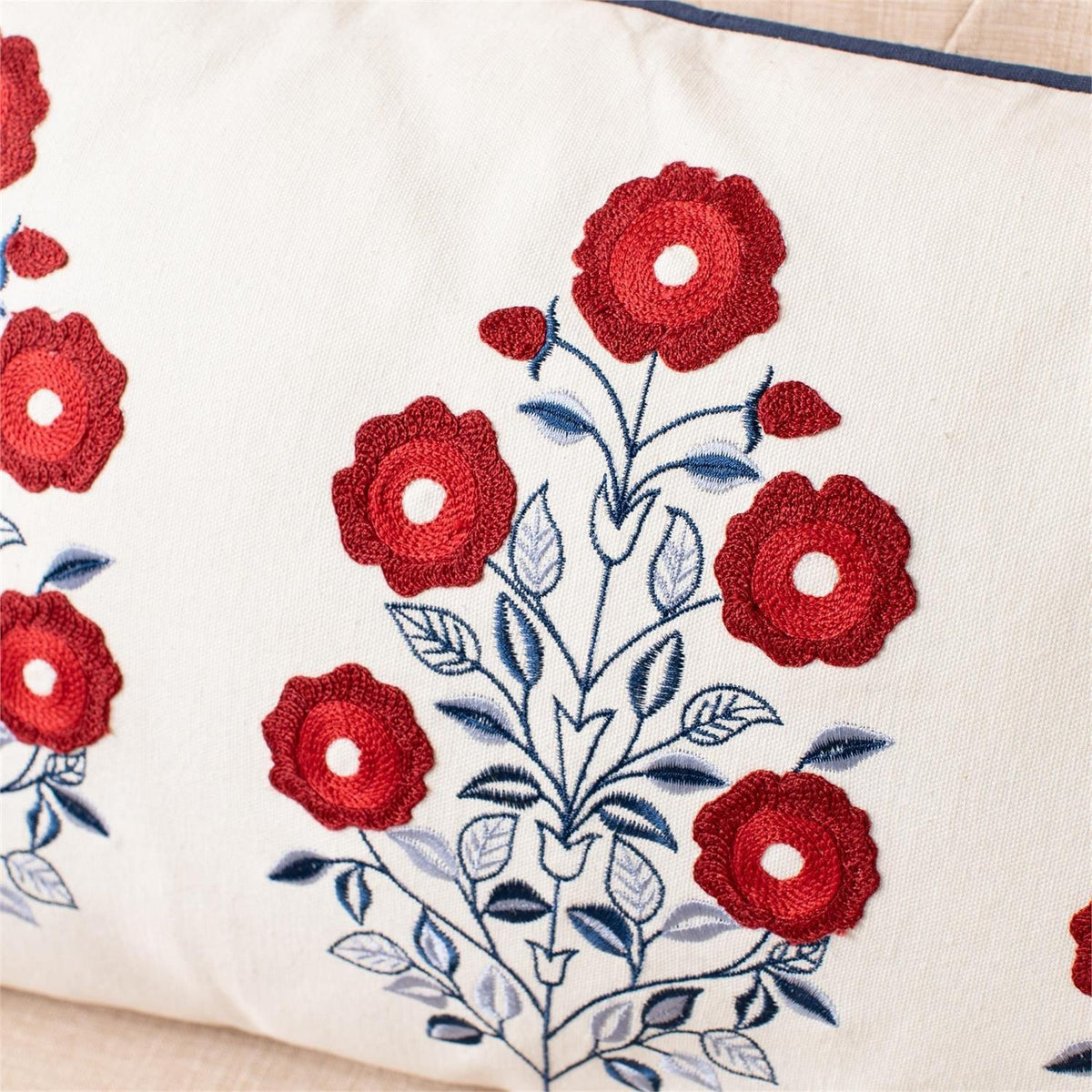 RED, WHITE, AND BLUE FLORAL EMBROIDERED PILLOW