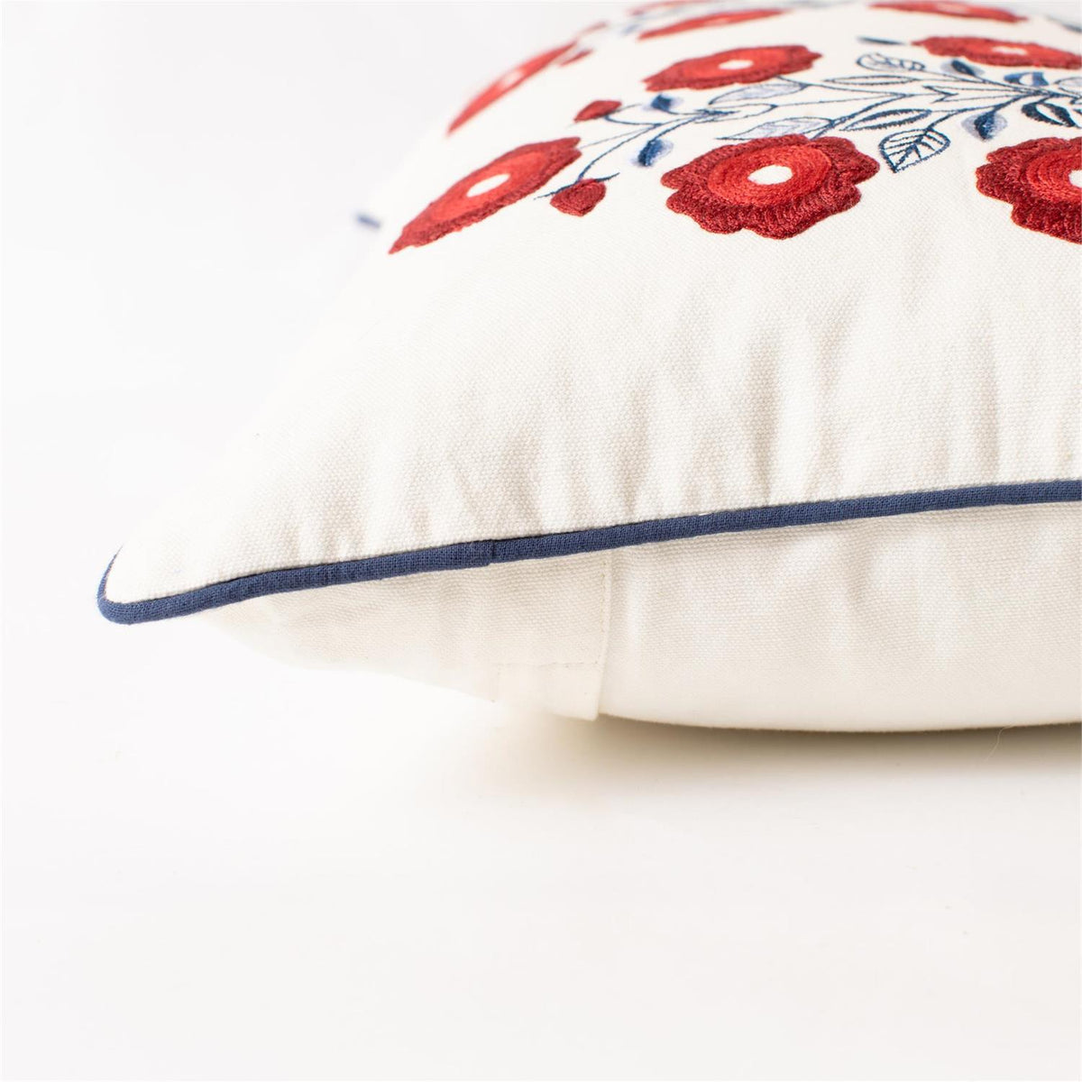 RED, WHITE, AND BLUE FLORAL EMBROIDERED PILLOW