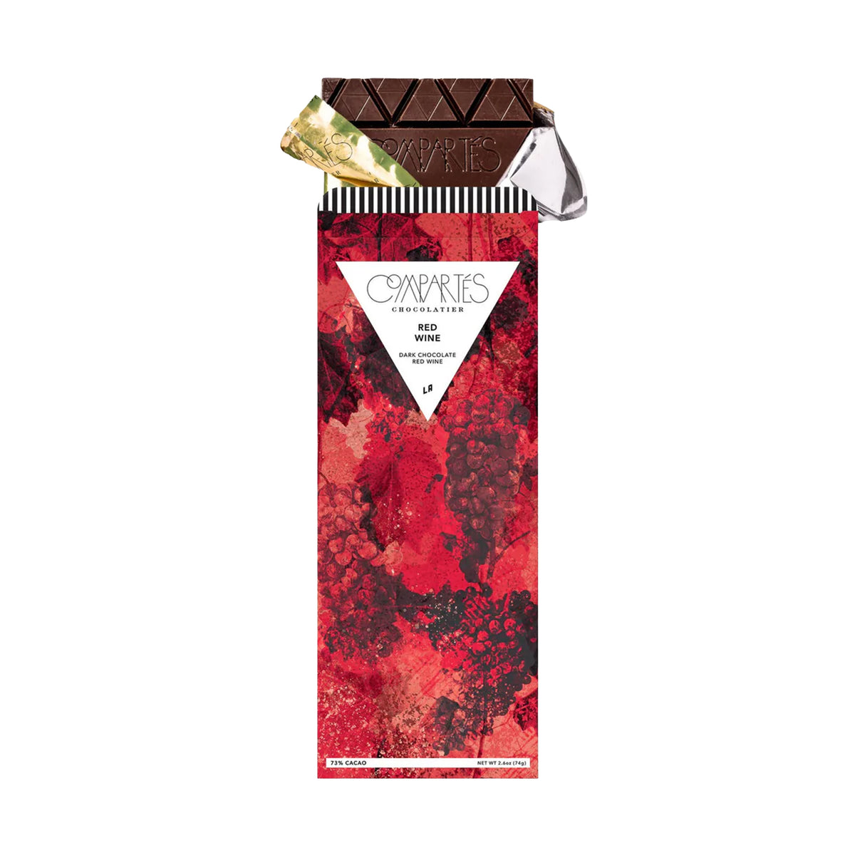 Red wine infused dark chocolate bar  with a decorative pattern on a white background