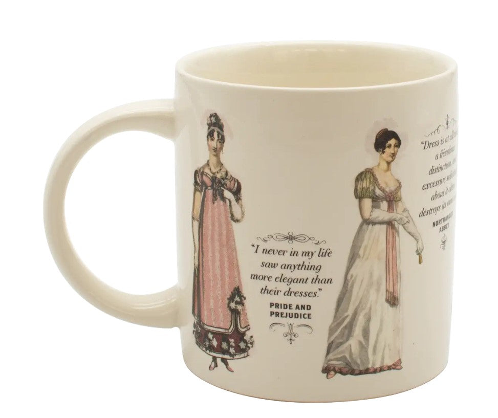 Consider this a formal introduction to Jane Austen’s Regency Finery Heat-Transforming Mug. When the mug is cool, it is ringed with five becoming young ladies, each in her walking attire and bonnet. When the mug is warm, the young ladies change into lovely evening attire. 12 oz. Microwave safe, *not* dishwasher safe.
