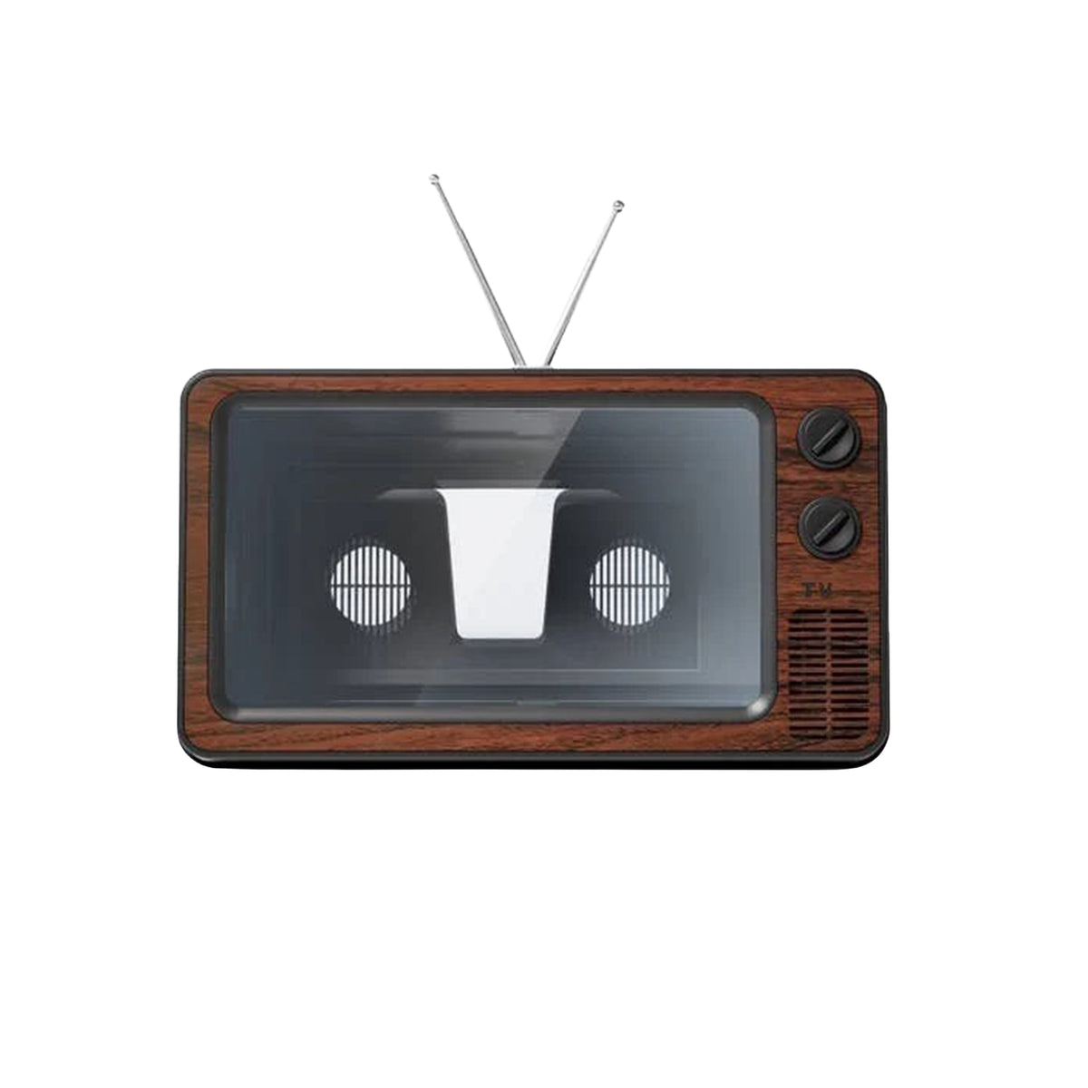 A retro-style vintage television set which magnifies a cellphone with a dark brown wood-grain cabinet, a black screen, two silver antenna rods, and two black control knobs on the right side, isolated on a white background
