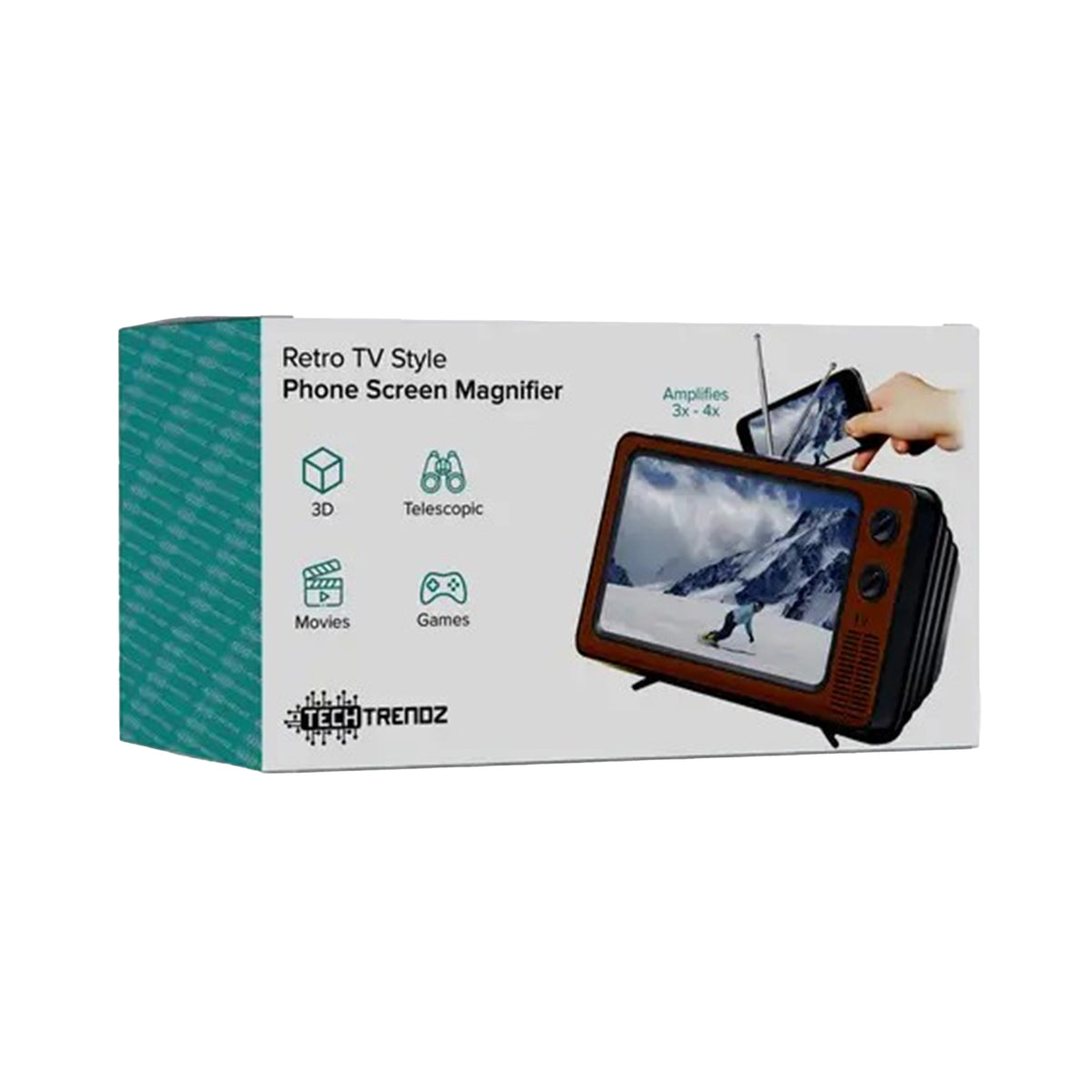 Retro TV Style Phone Screen Magnifier by Trendz, shown in its retail packaging box. The box is white with a teal patterned side panel, featuring product icons and an illustration of a retro television displaying a snowy mountain scene.
