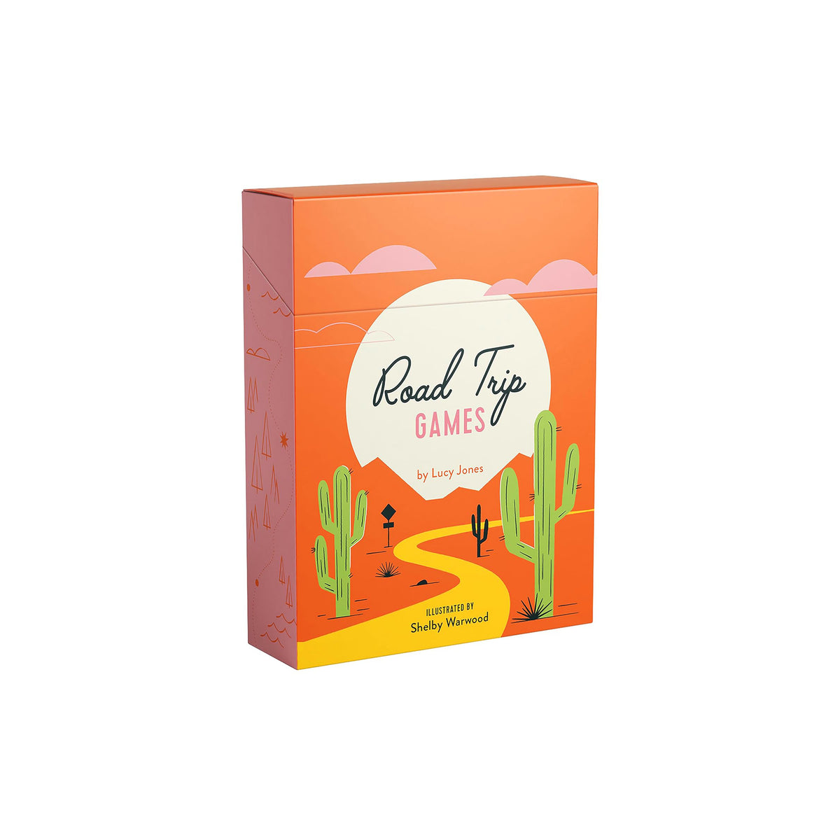 Box of 'Road Trip Games' with desert design on an orange background