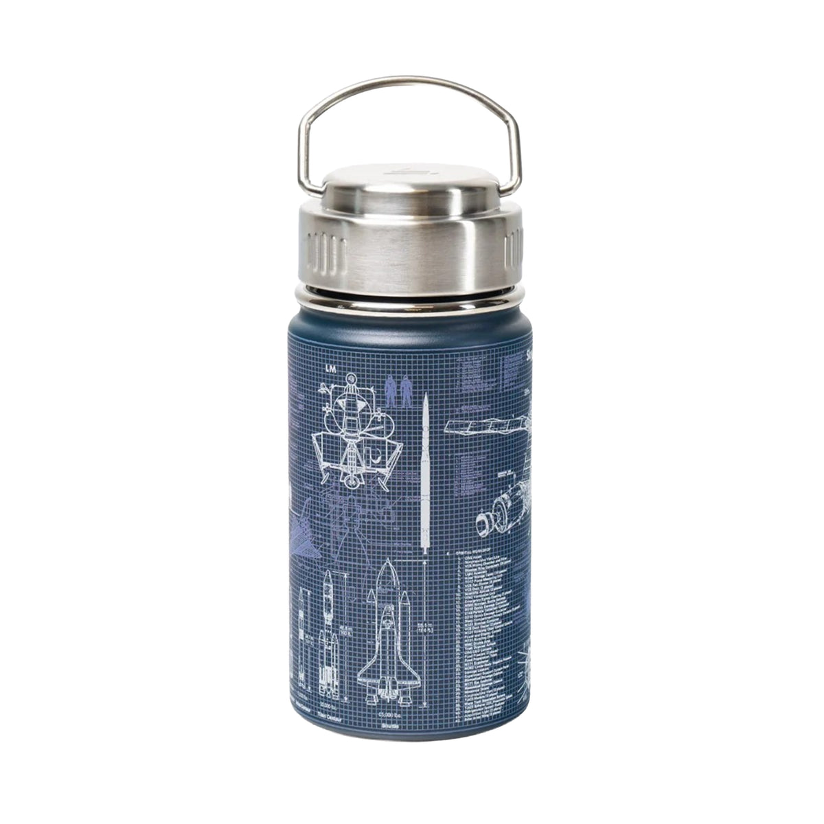 An insulated flask with a dark blue base and technical drawings of rockets on a white background.