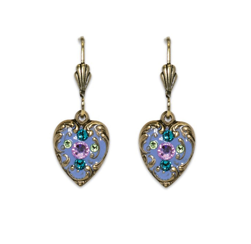 Channel your inner Duchess with these Rococo inspired heart dangle earrings. Dangling from a delicate gold toned earring wire these scrumptious enameled blue heart earrings are encrusted with multicolored pastel crystals. Antiqued brass finding and earring wire. Hand applied enamel. Dimensions: 5/8″ L x 1/2″ W.