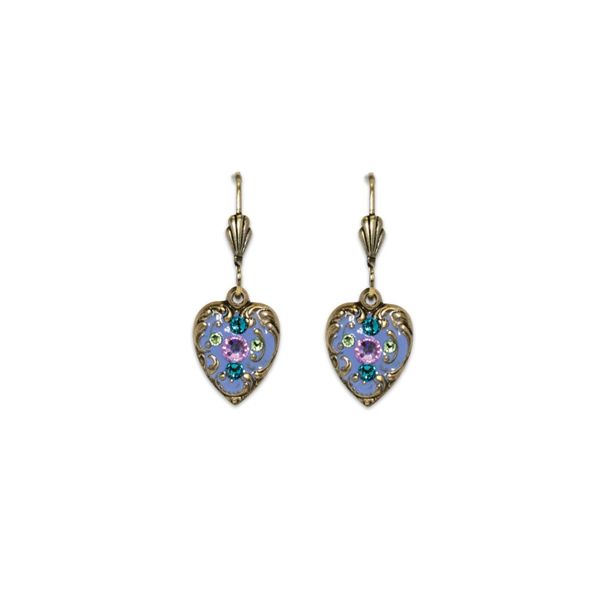 A pair of antique-style heart-shaped drop earrings with gold-toned filigree borders, light blue enamel backgrounds, and small purple and green floral details, shown on a plain white background.
