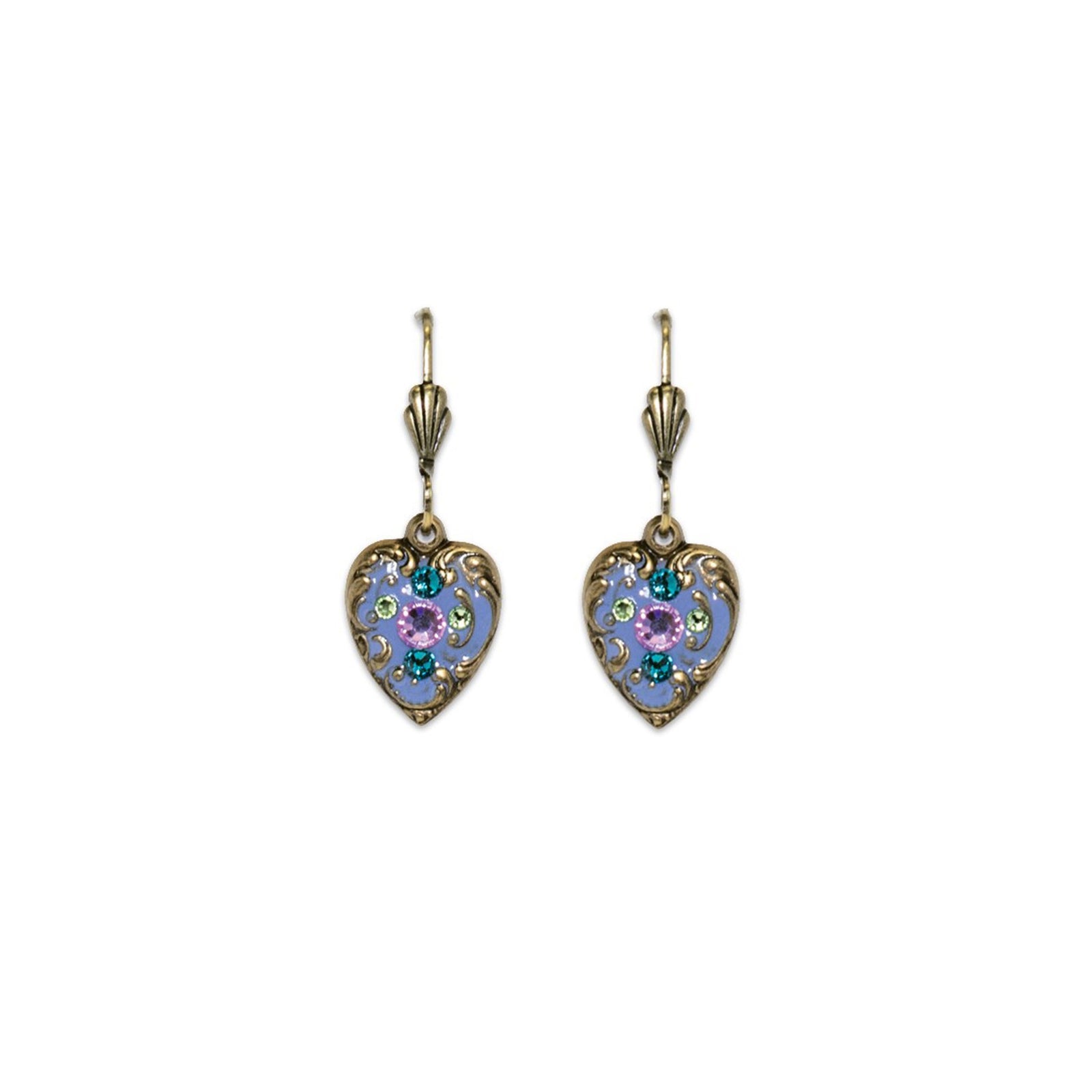 A pair of antique-style heart-shaped drop earrings with gold-toned filigree borders, light blue enamel backgrounds, and small purple and green floral details, shown on a plain white background.