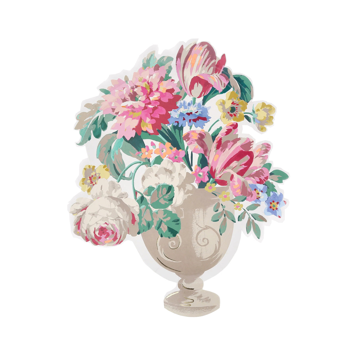 Decorative paper cutout plates in the shape of a floral arrangement in an urn on a white background