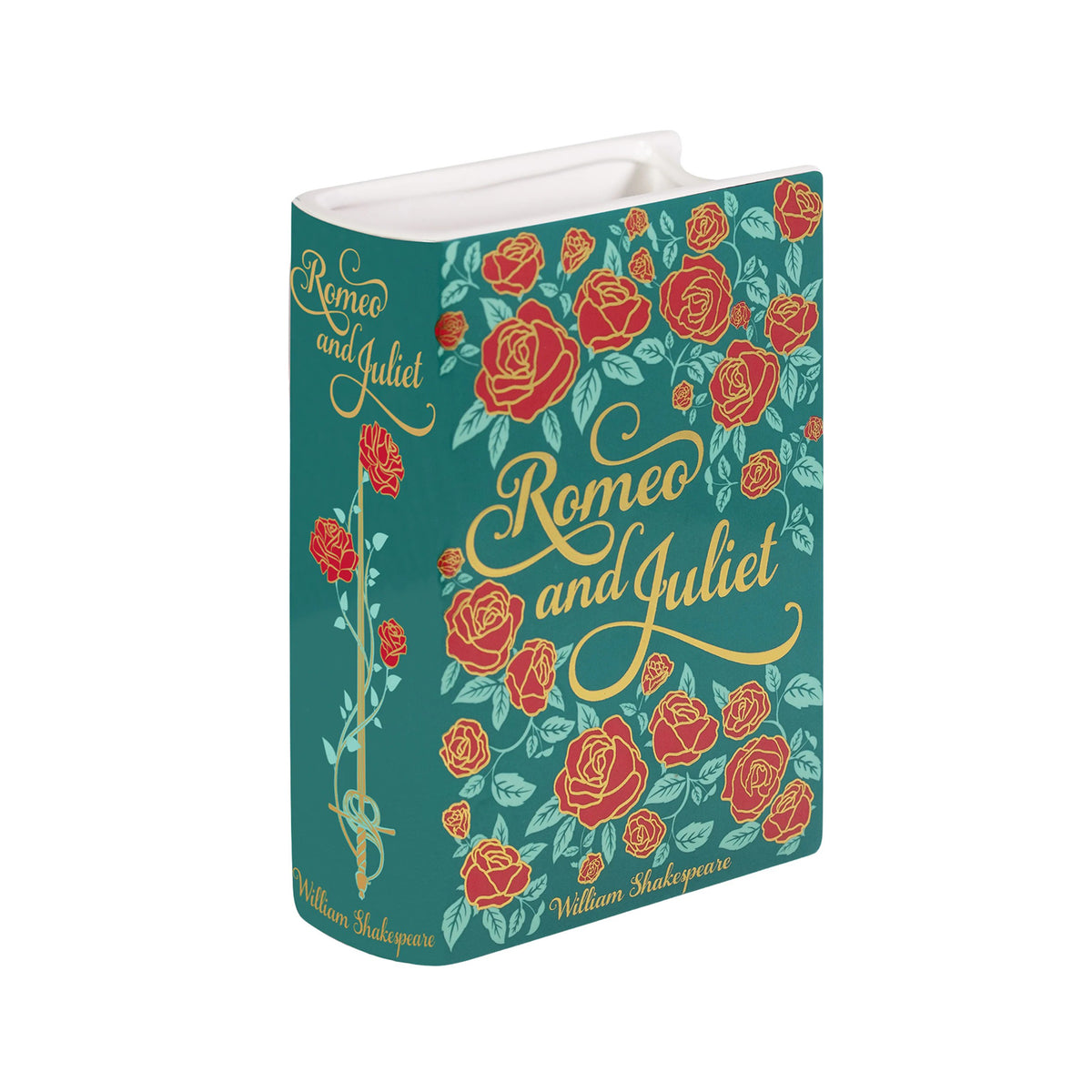 Vase shaped like a book cover of 'Romeo and Juliet' with floral design on a teal background