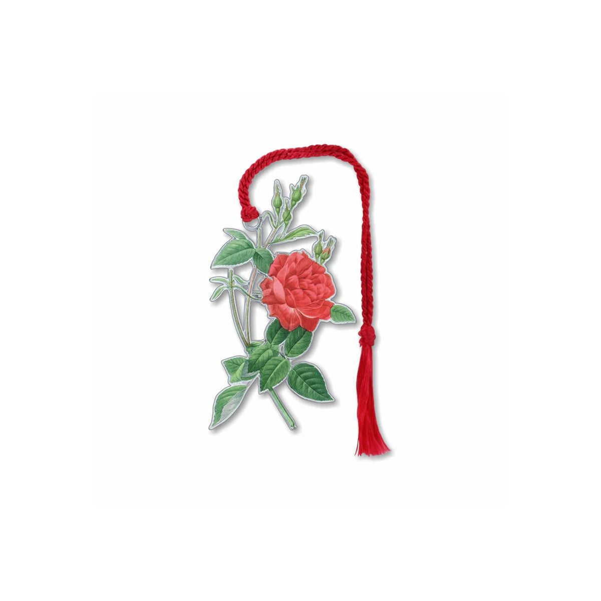Decorative bookmark with a red rose design on a white background