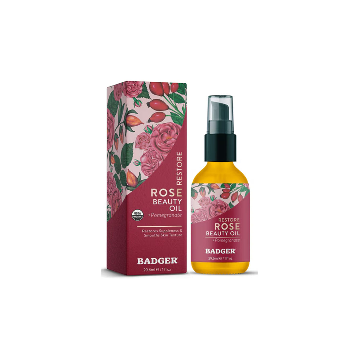 Badger Rose Beauty Oil with packaging on a white background