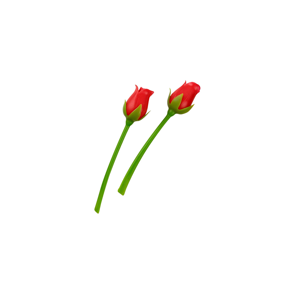 Two bookmarks resembling red rose buds on long green stems, isolated on a plain white background.