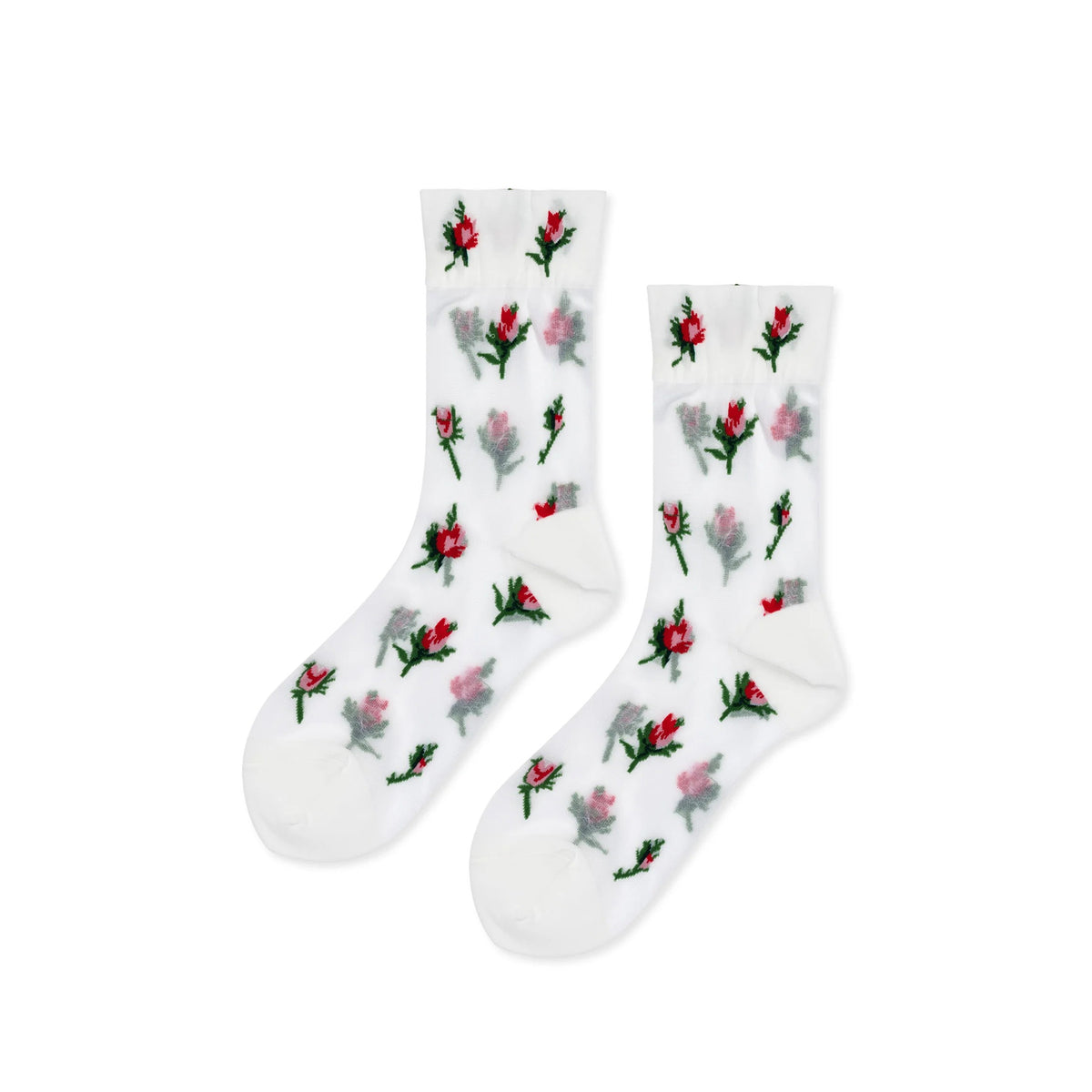 White socks with a rosebud pattern on a white background