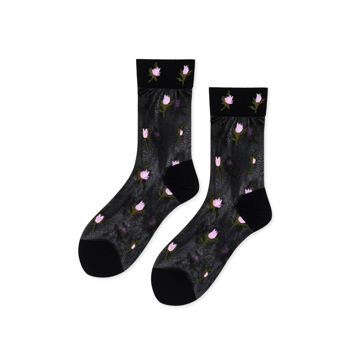 Black socks with pink rosebud patterns on a white background