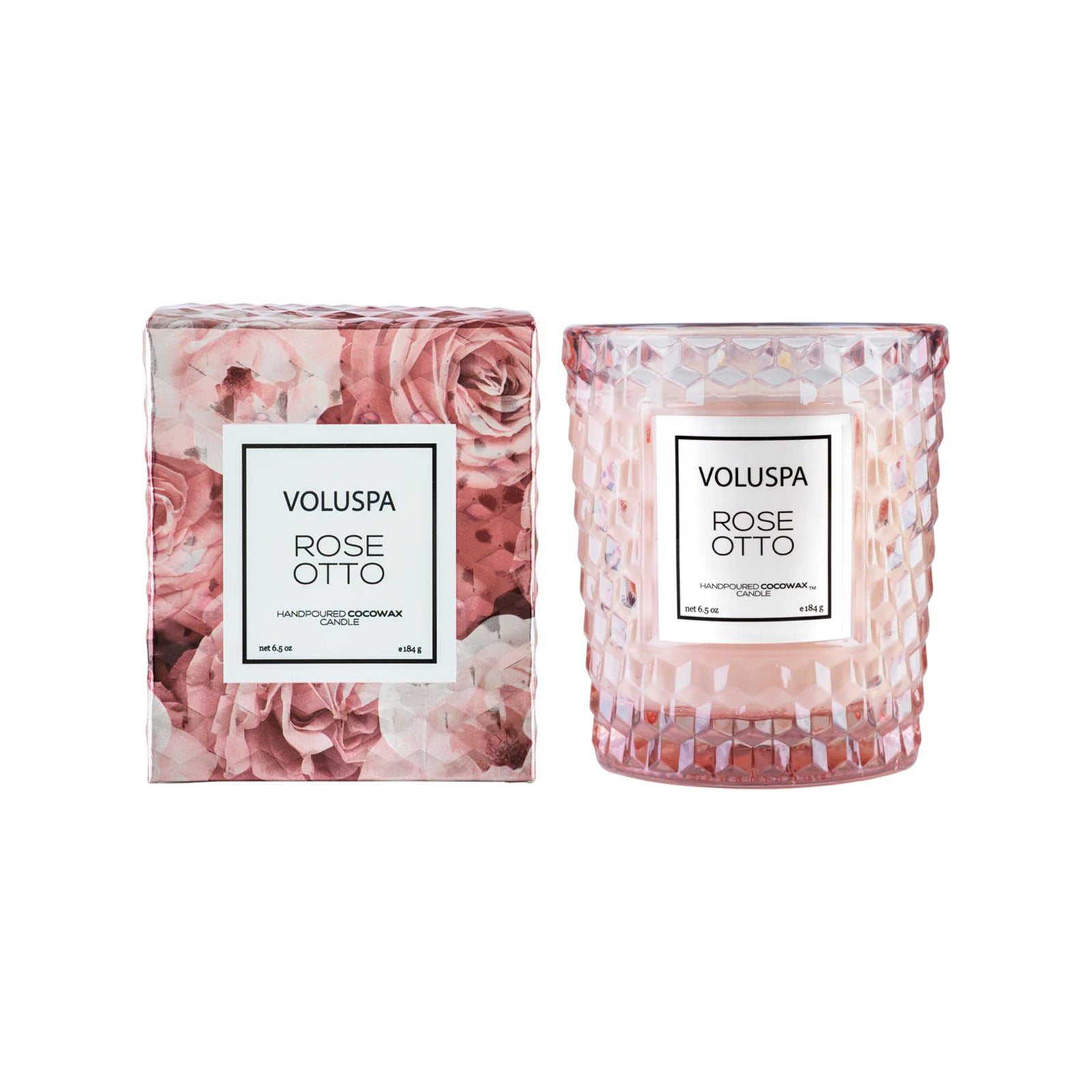 Voluspa Rose Otto candle and packaging on a white background