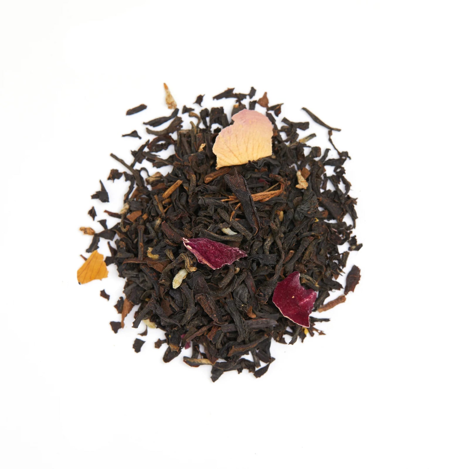 Glass jar of Rose Lavender Earl Grey tea with a pink, vintage style label on a white background.
