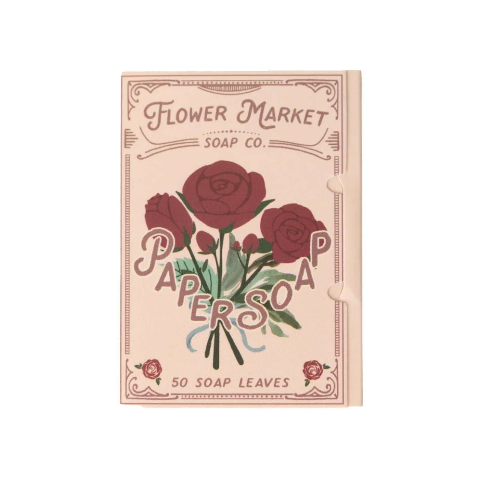 Box of Flower Market Soap Co. paper soap with red roses on a beige background