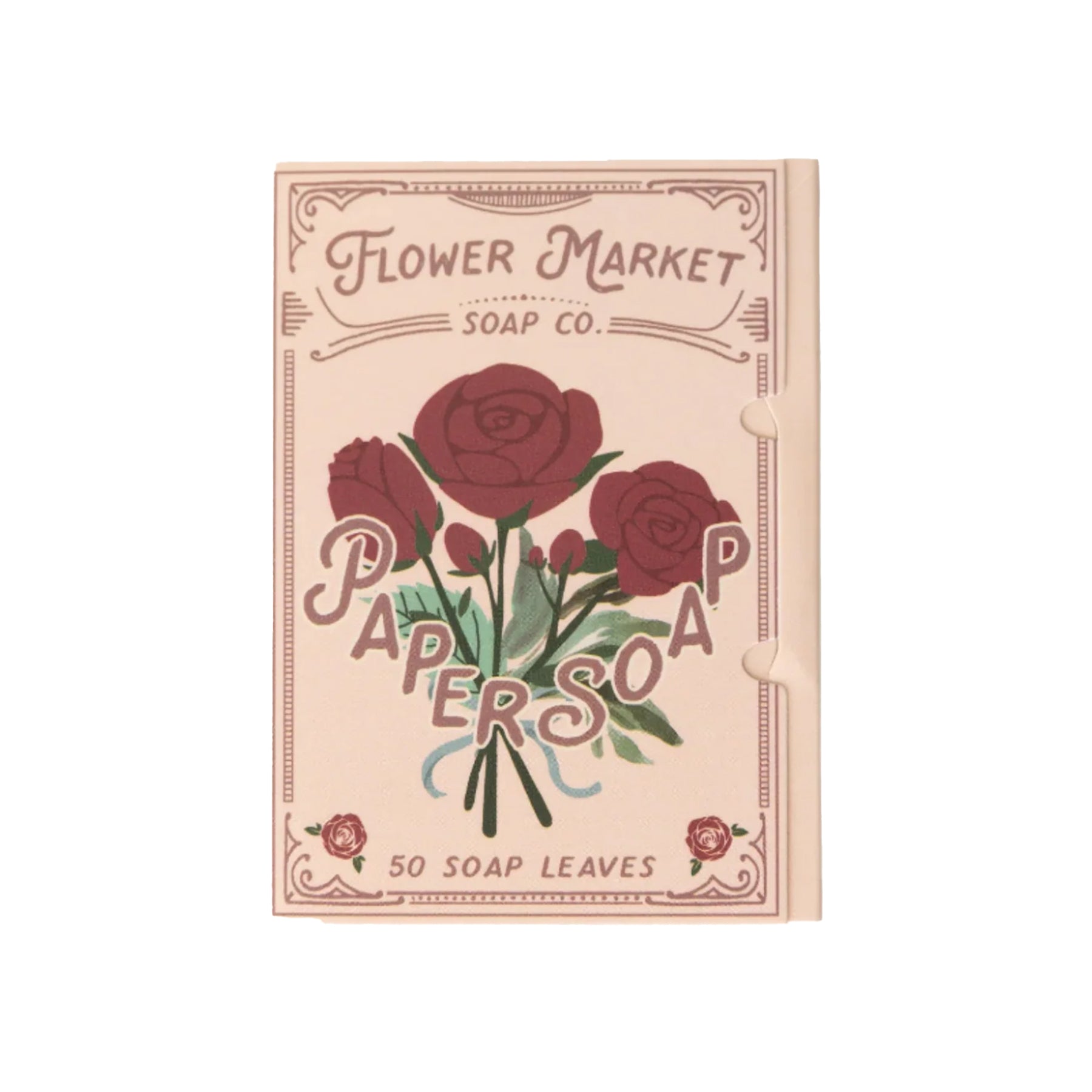 Box of Flower Market Soap Co. paper soap with red roses on a beige background