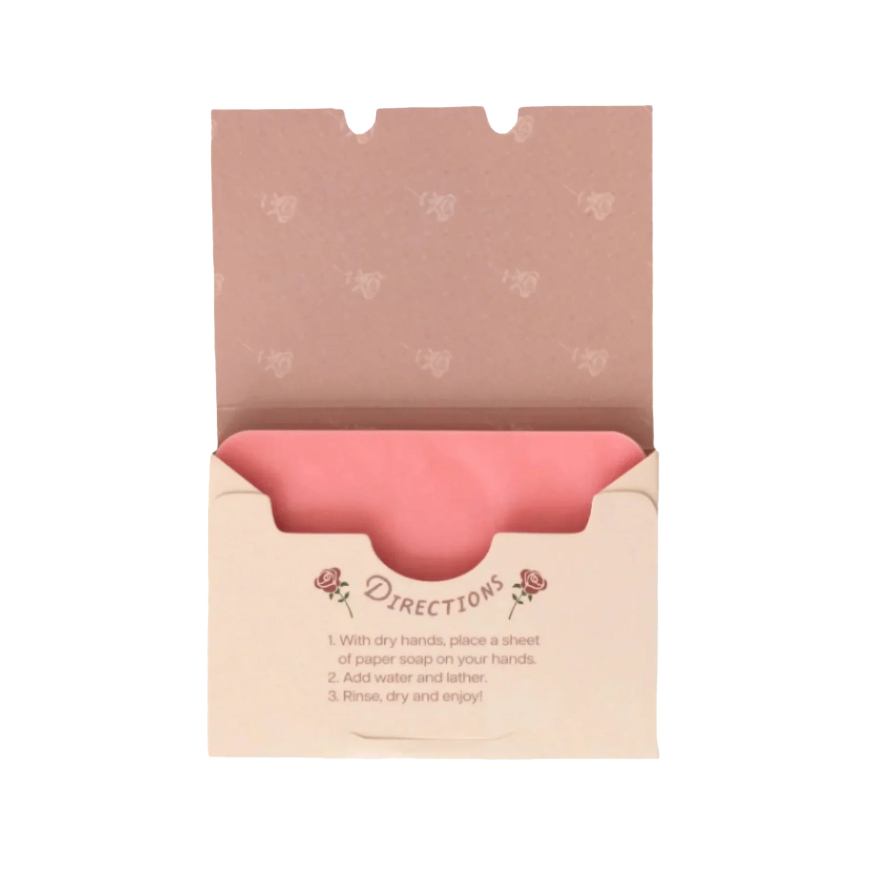 Box of Flower Market Soap Co. paper soap with red roses on a beige background
