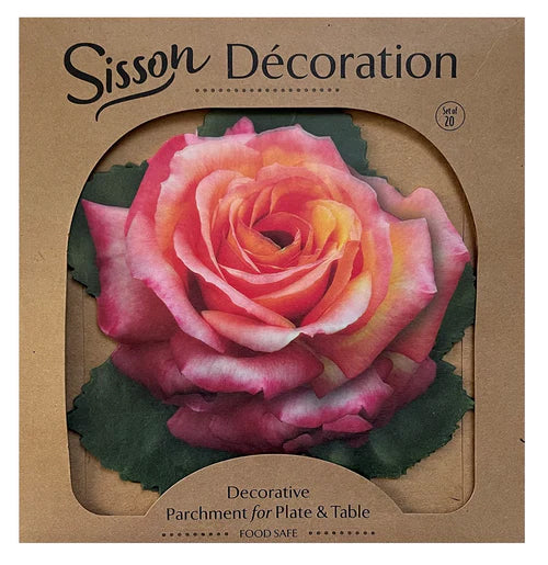 This fine, rose-shaped parchment paper can be used under cheese, fresh fruits, home-baked breads, cakes, as coasters, place markers or under glasses and bottles. A beautiful, simple way to elevate your charcuterie board or table setting. Pack contains 20 parchment roses Each rose size approx: 6.5" x 6.5"