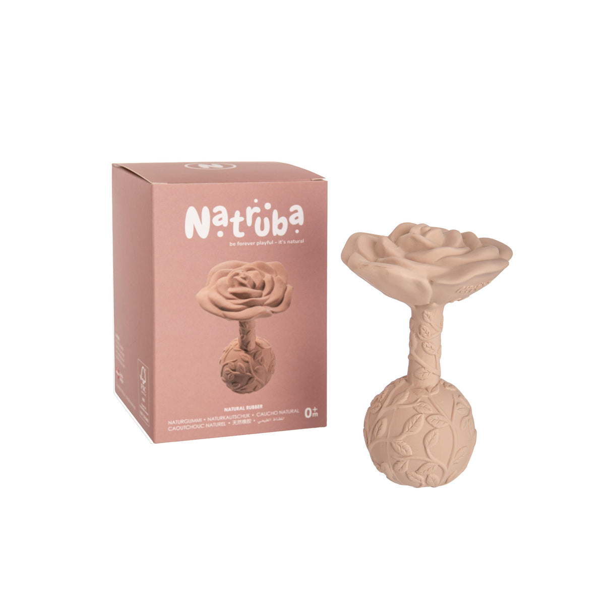 Pink baby rattle with floral design next to its packaging on a white background