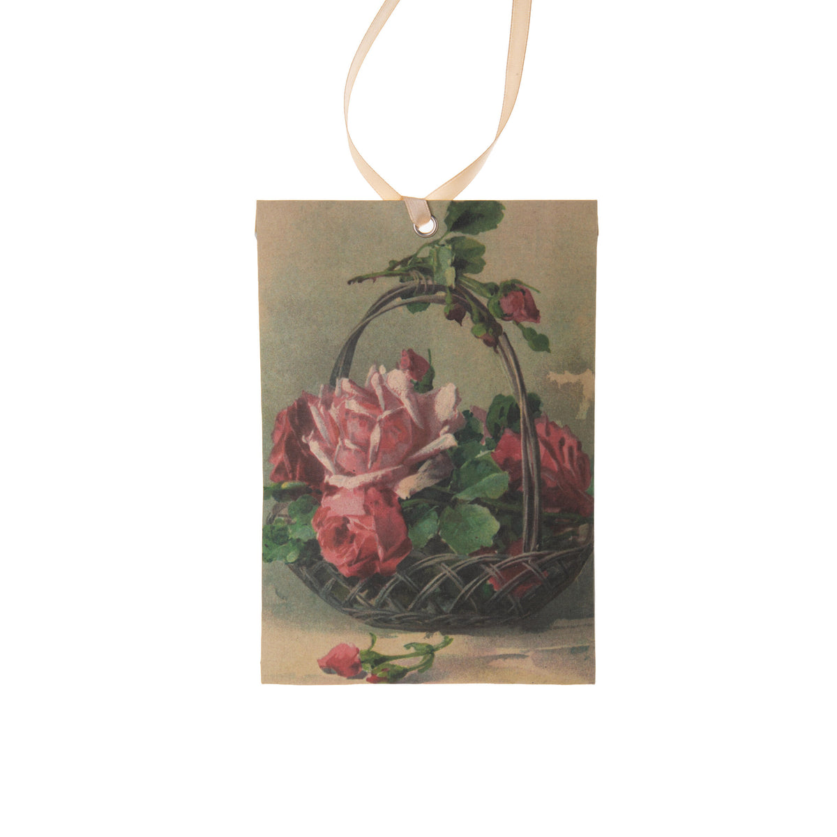 Decorative rose fragrance sachet with a vintage-style illustration of roses and a basket on a beige background.