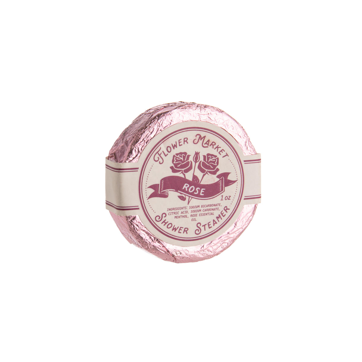 Pink and white rose scented shower steamer with 'Flower Market' branding on a white background