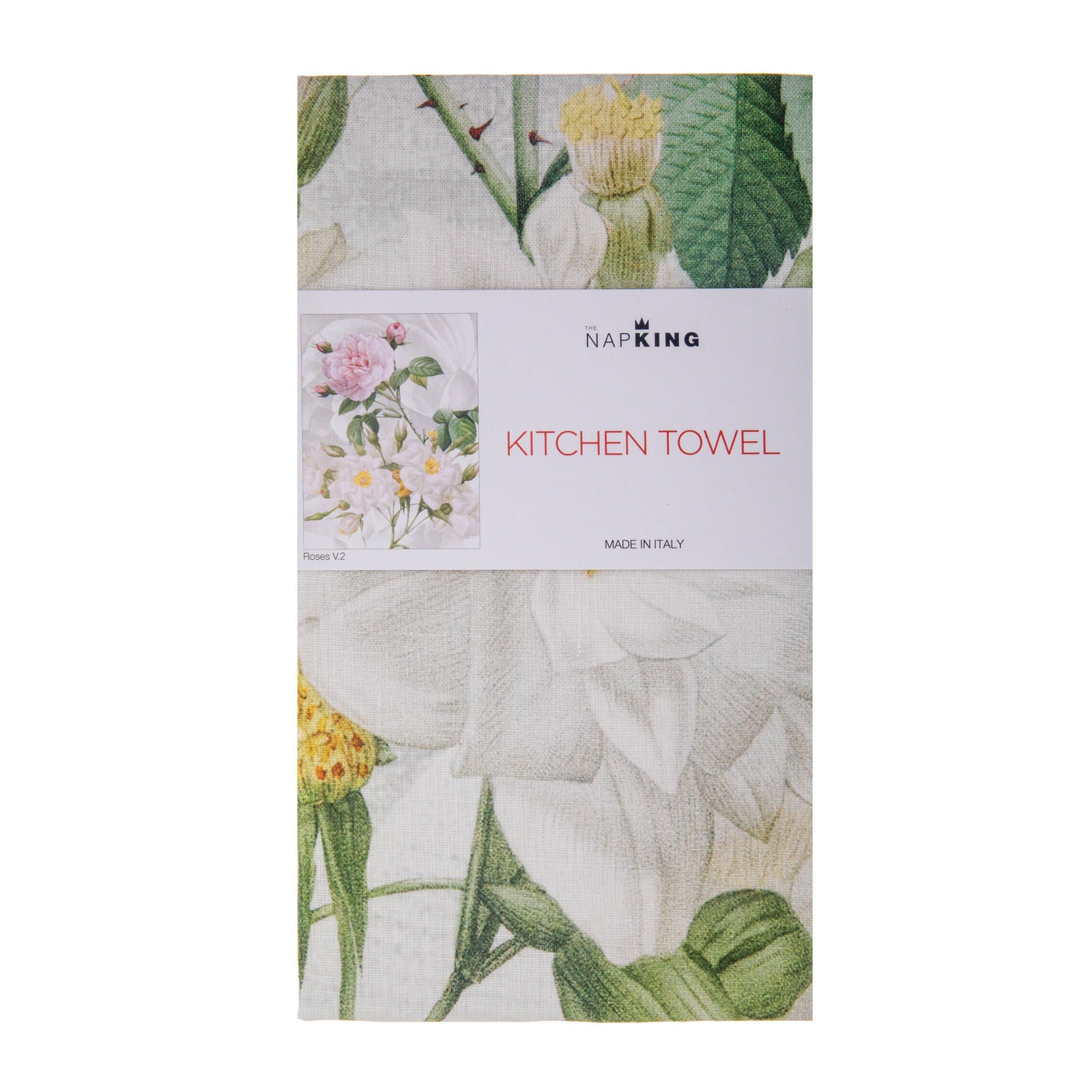 Rose-patterned tea towel with pink and white roses and green leaves on a light background