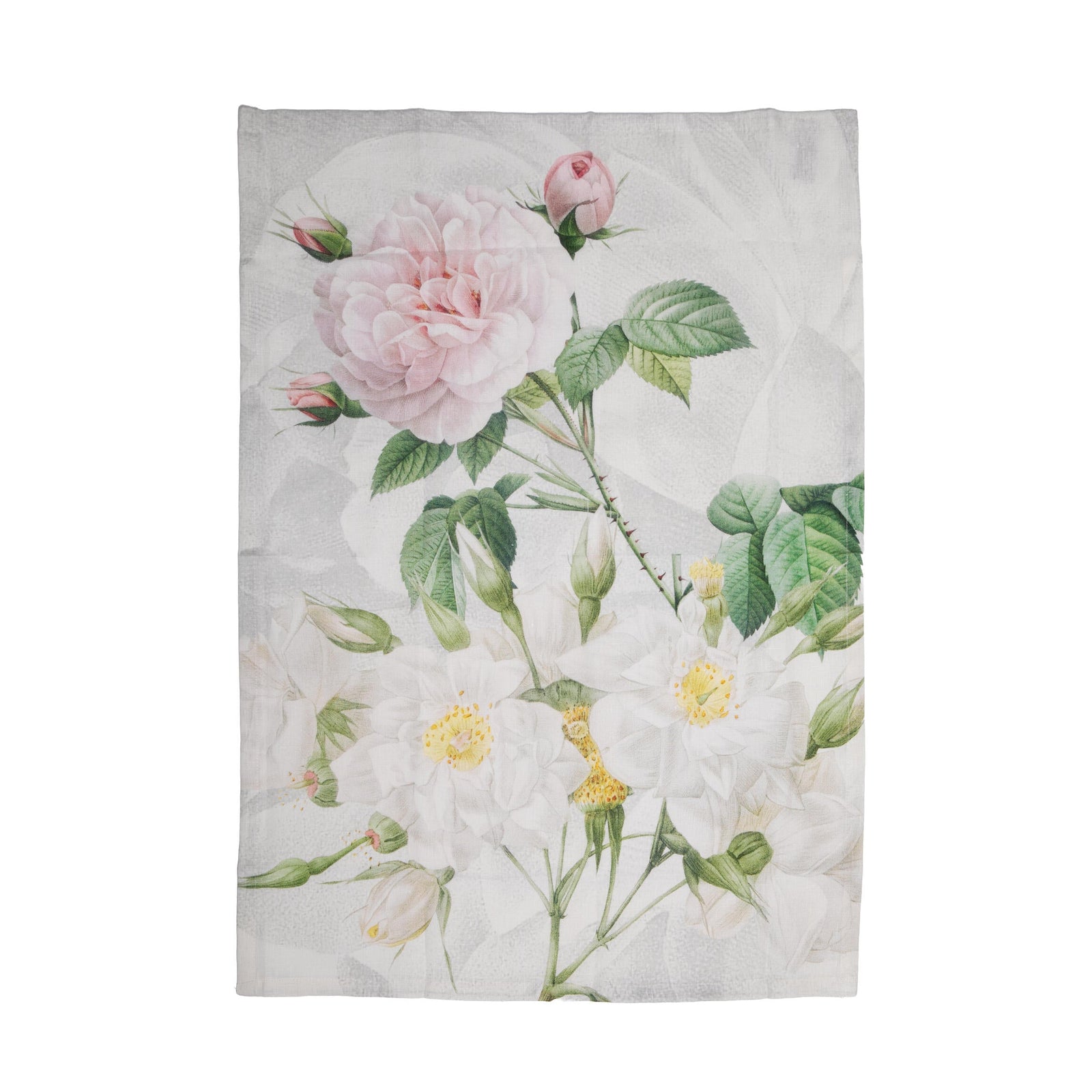 Rose-patterned tea towel with pink and white roses and green leaves on a light background