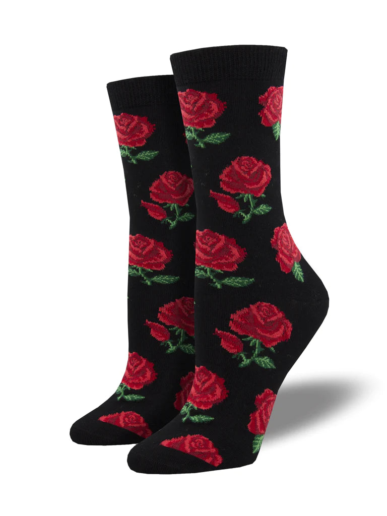 Everything will look rosy the moment you pull on these pretty rose bloom socks, which have a black base with a vibrant red-rose design. Made from Bamboo fibre, a naturally moisture-wicking material. Sock size 9-11 fits U.S. women’s shoe size 5-10.5 Fiber Content: 59% Rayon From Bamboo, 39% Nylon, 2% Spandex
