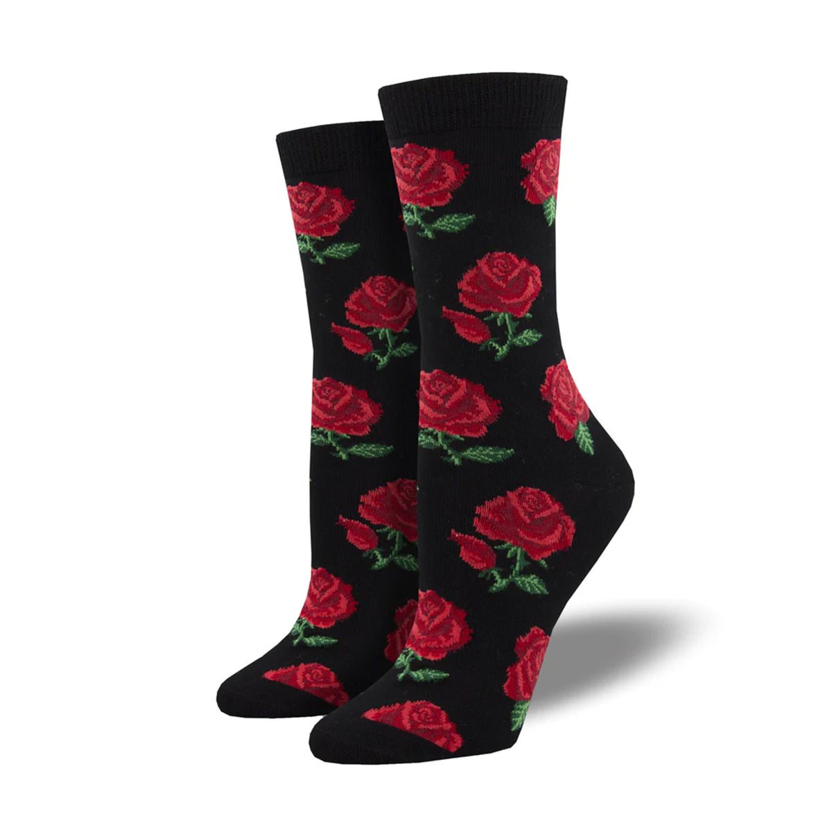 Black socks with red rose pattern on a white background