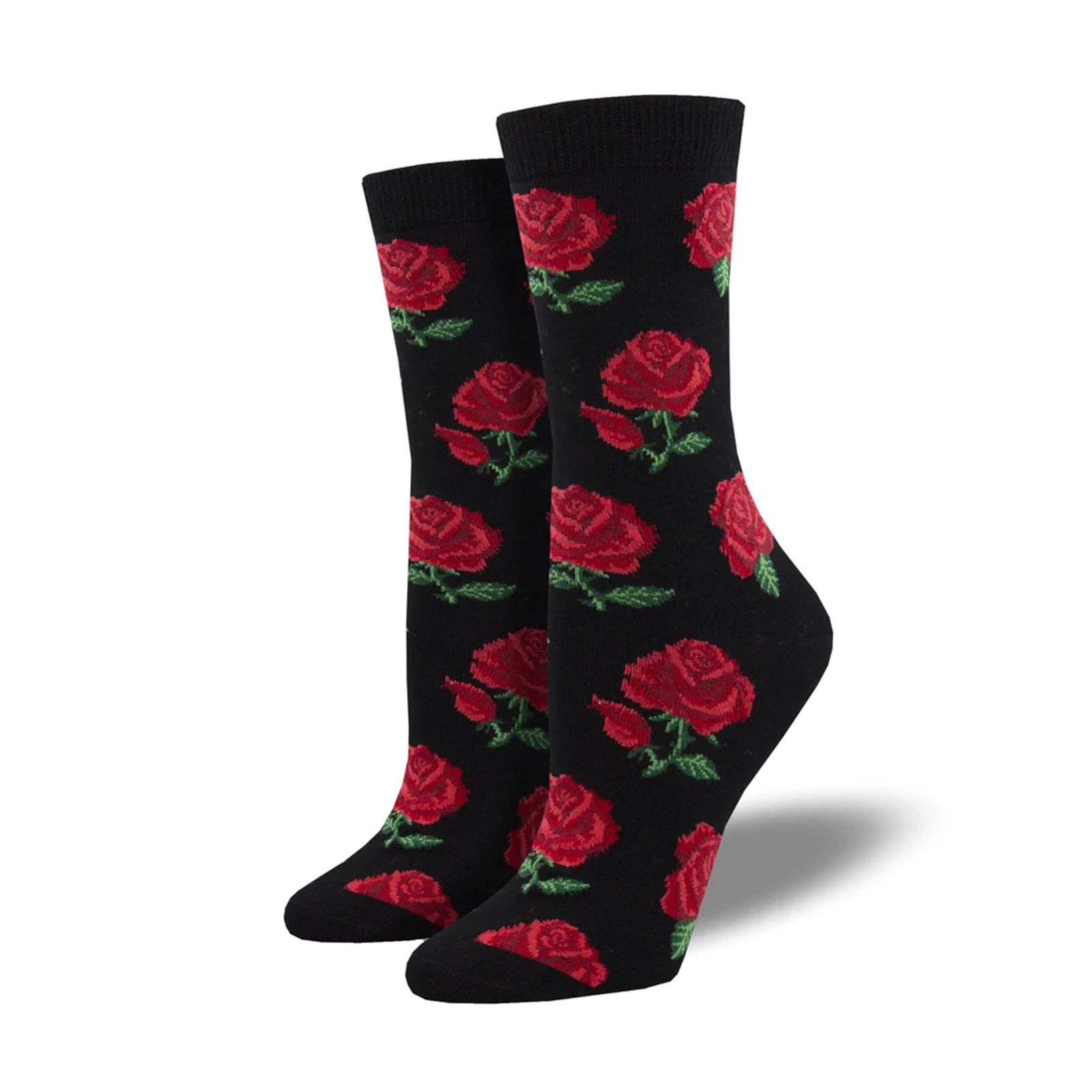 Black socks with red rose pattern on a white background