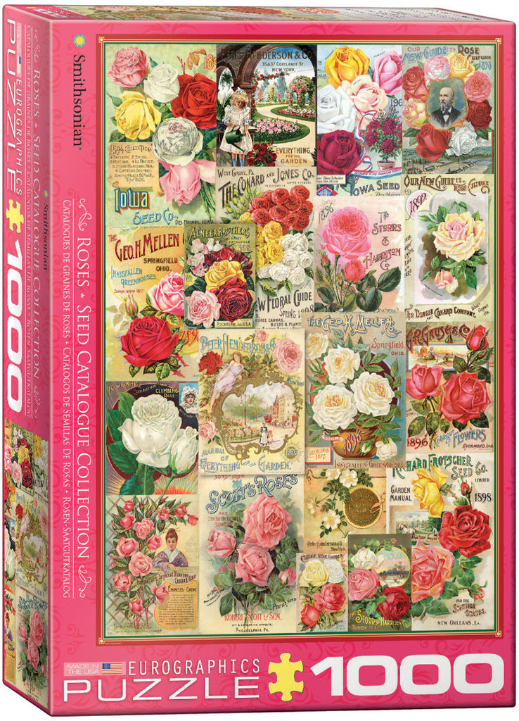 This striking puzzle features vintage Roses Seed Catalogues, taken from the Smithsonian Institution Library archives. This strong, high-quality puzzle pieces. Made from recycled board and printed with vegetable-based ink.  Finished Puzzle Size: 19.25" x 26.5.