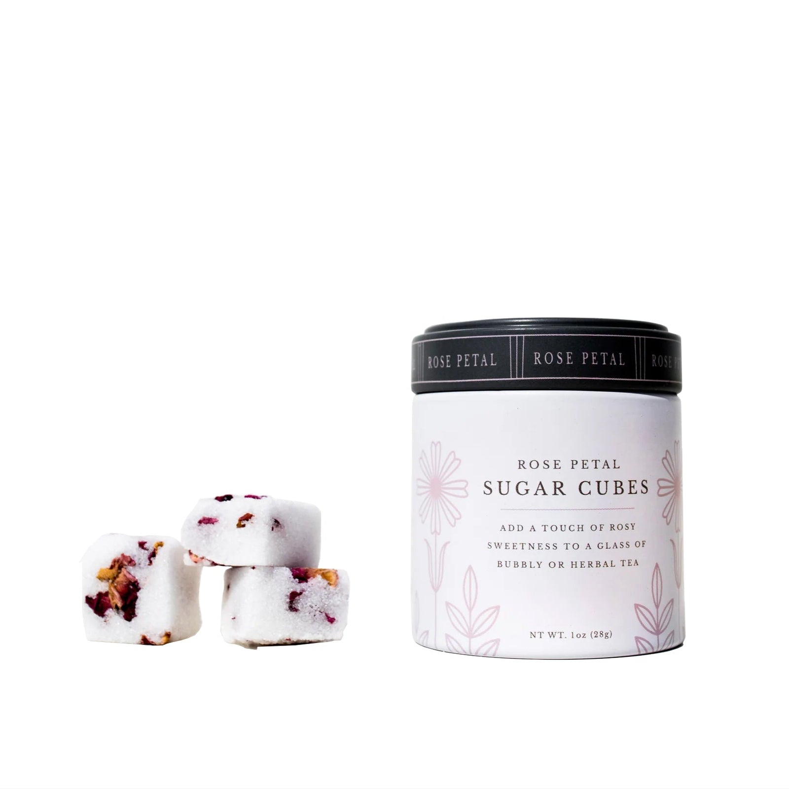 Rose petal sugar cubes with packaging on a white background
