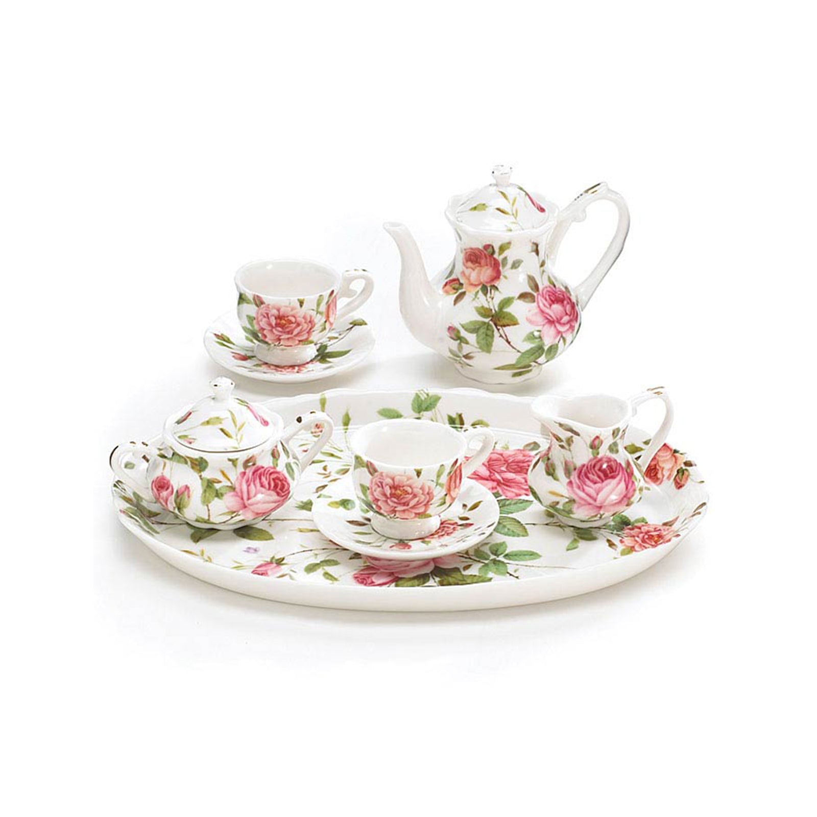 Children's miniature tea set with rose floral design on a white background