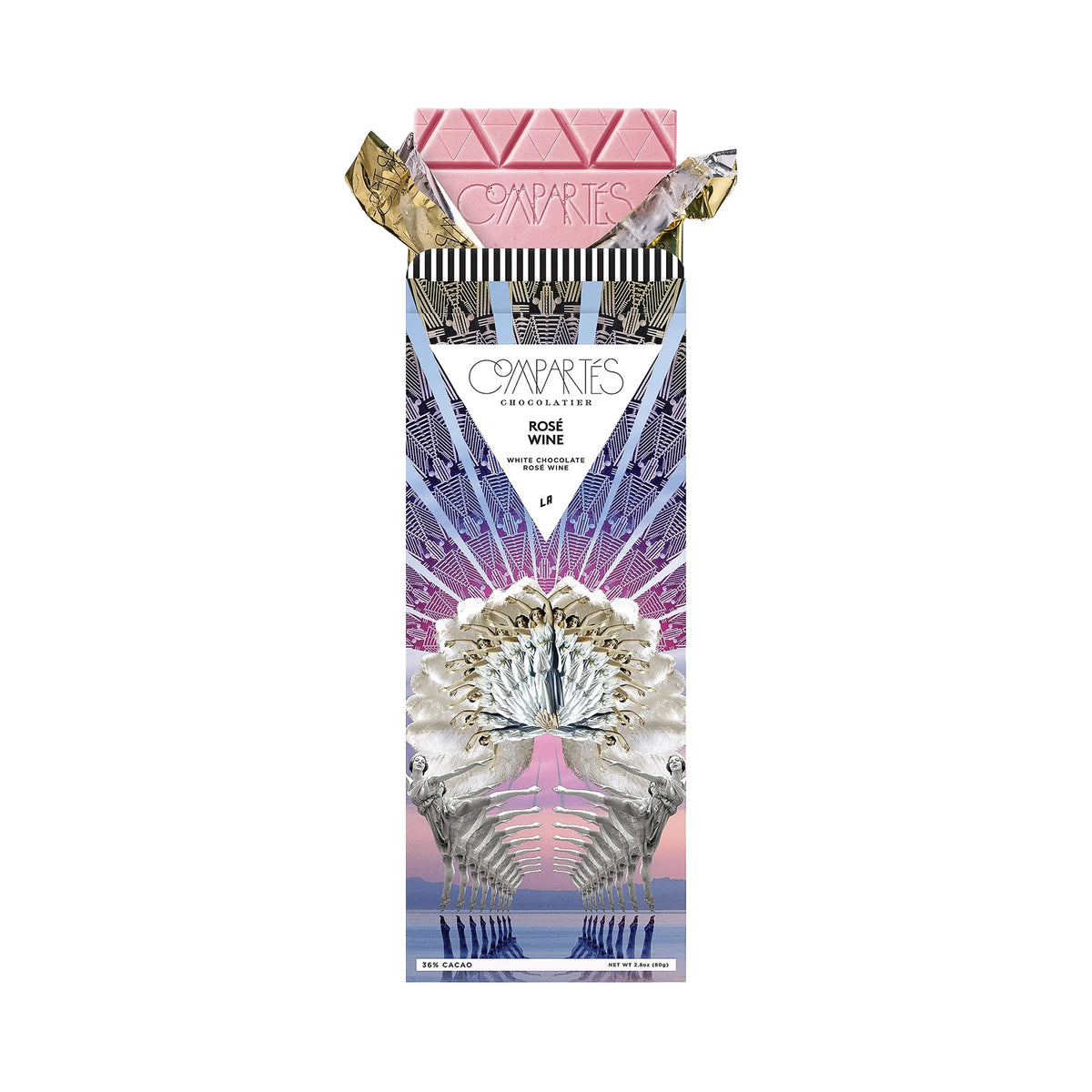 Rose wine chocolate bar in decorative packaging with 'Compartes' branding on a white background