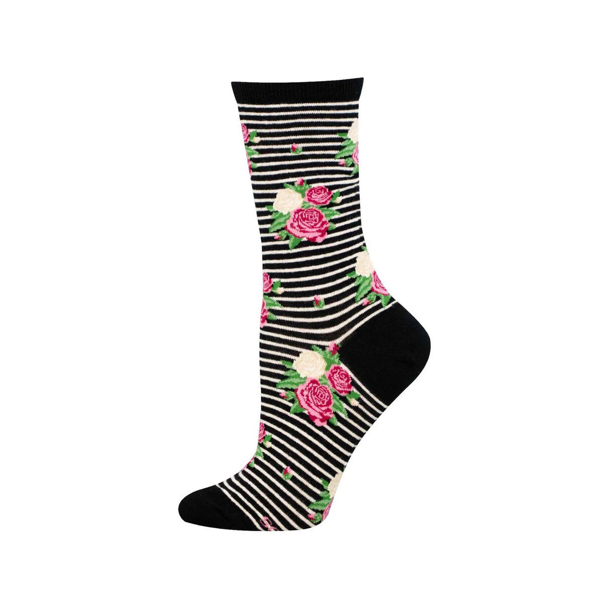 Black and white striped sock with pink rose floral design on a white background