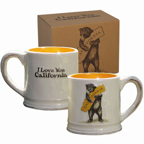 This mug features vintage art from the 1913 sheet music cover for the California State Song "I Love You California". It has hand painted 'patina' around the cup rim and handle. A great memento of your visit to the Golden State, or a gift for any California resident.  3.75" x 3.75" x 5.25" Dishwasher and microwave safe.