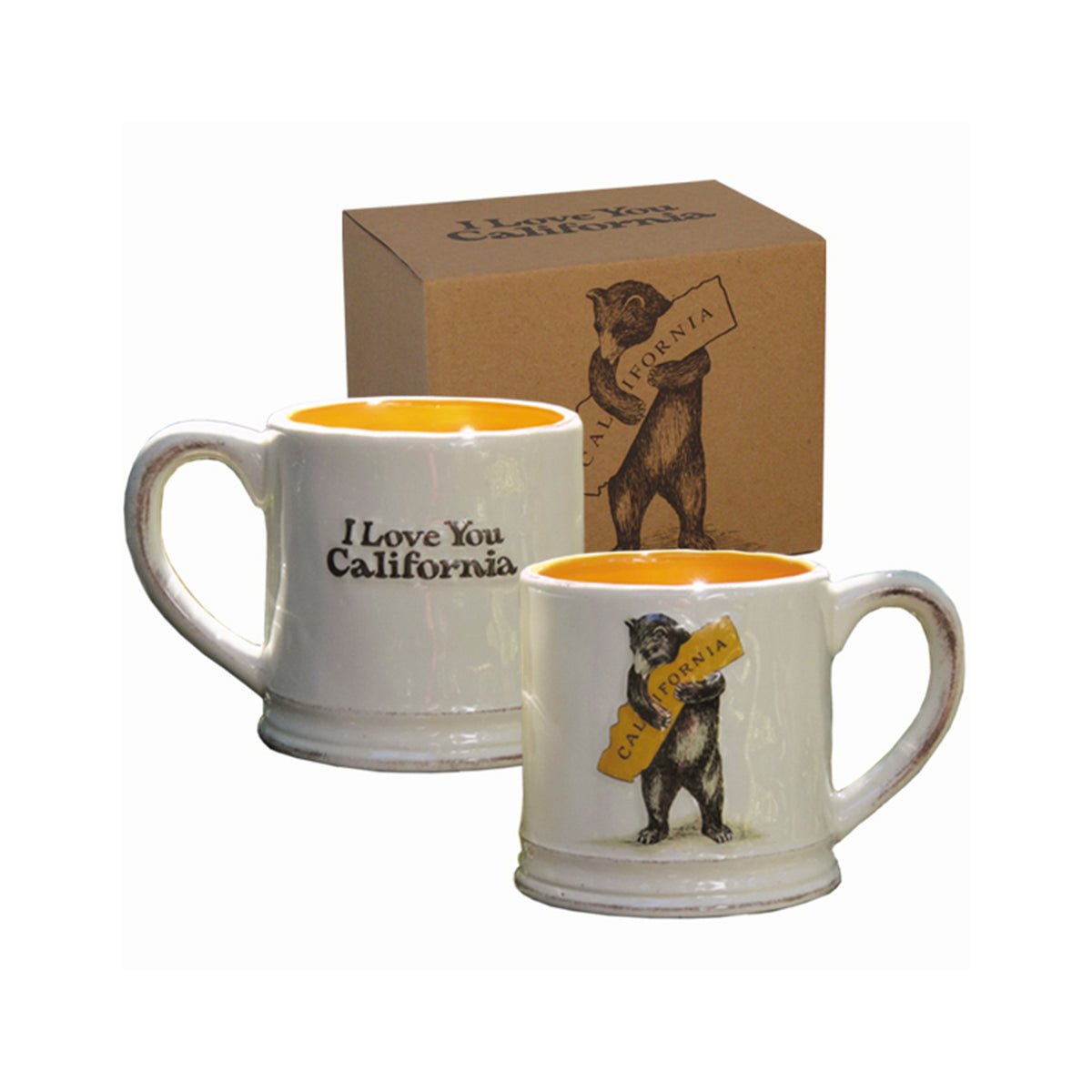 White ceramic mug with yellow interior and a matching brown giftbox box behind them, all featuring a California-themed illustration of a bear hugging the state of  California, and the text 'I Love You California'.
