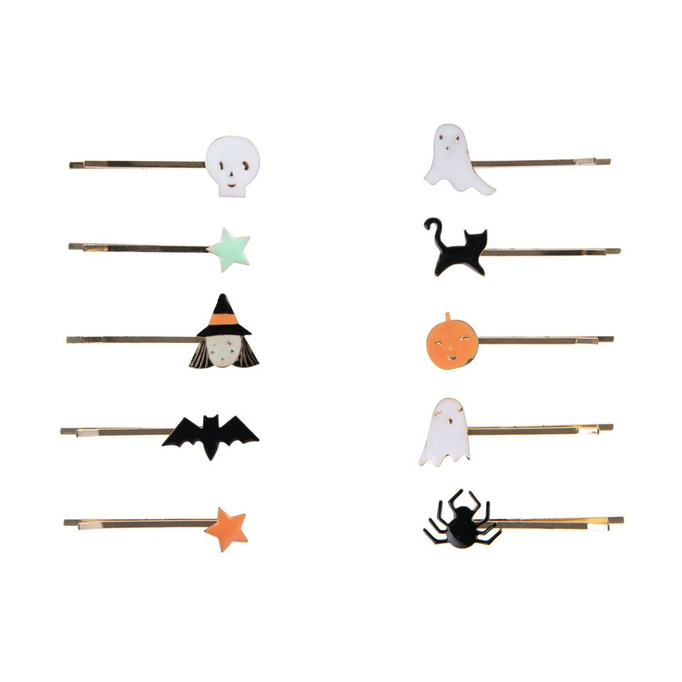 Make a Halloween hairstyle look terrific by adding one, two, or all of these fabulous hair slides. They feature Halloween icons crafted in shiny enamel with 10 different eye-catching designs. Set of 10 metal and enamel hairslides Approx size of each slide: 7.25" x 0.63"