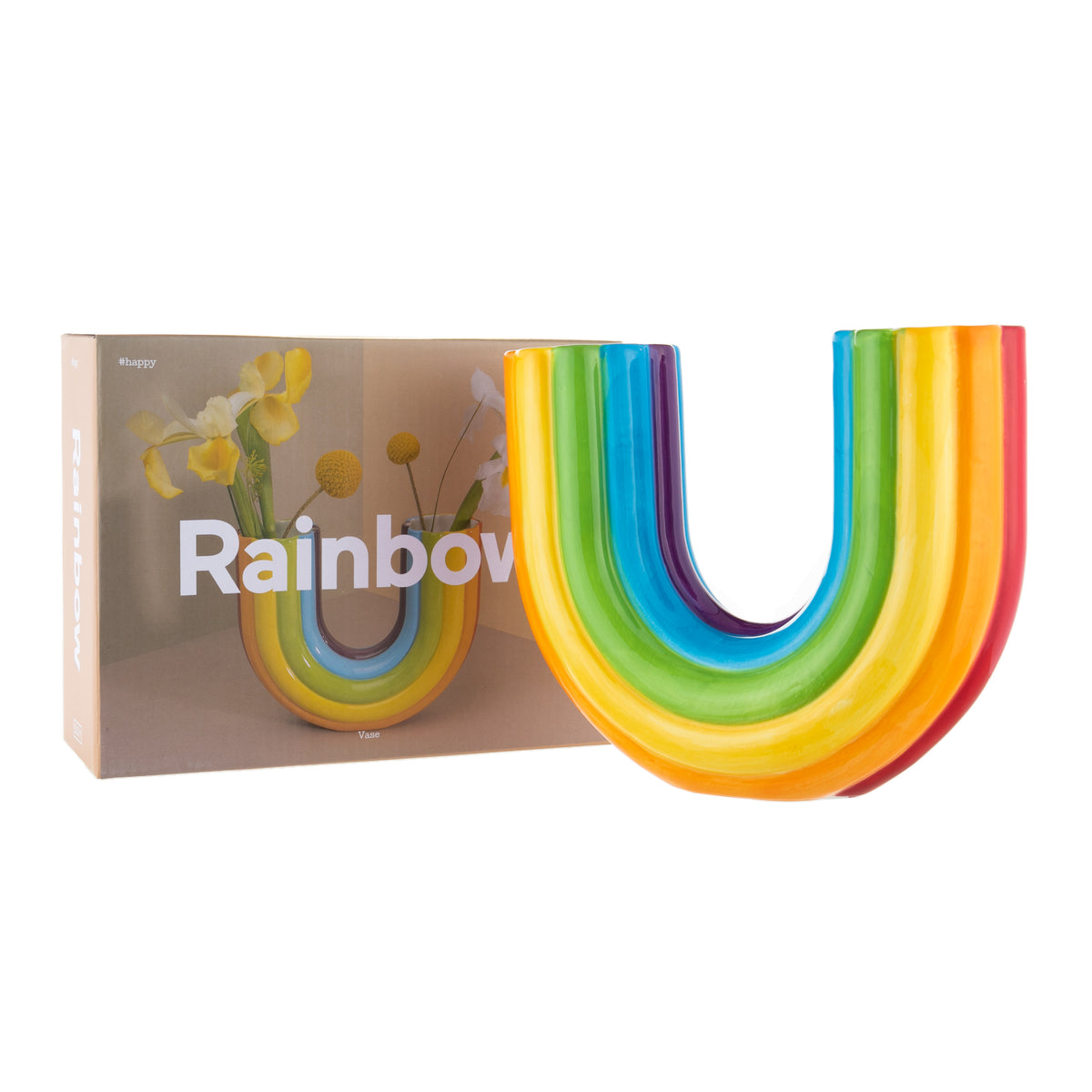 Colorful rainbow vase with packaging labeled 'Rainbow' on a white background