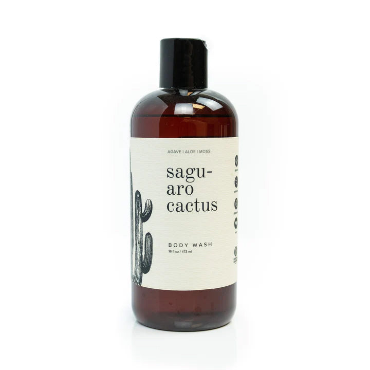 Agave | Aloe | Moss Introducing the new Saguaro Cactus Body Wash. This Saguaro Cactus scent is a spicy floral creation made up of cactus jade flower, agave, moss, and aloe. 16oz Vegan.ne