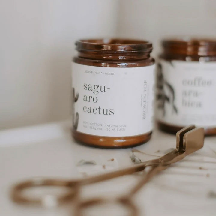 The Saguaro Cactus scent is a spicy floral creation made up of cactus jade flower, agave, moss, and aloe. This gorgeously scented candle is hand-poured with 100% U.S.-grown soybean wax, cotton core wicks, and fine fragrance oils. It is also vegan, gluten-free, paraben-free, and phthalate-free. 9oz.