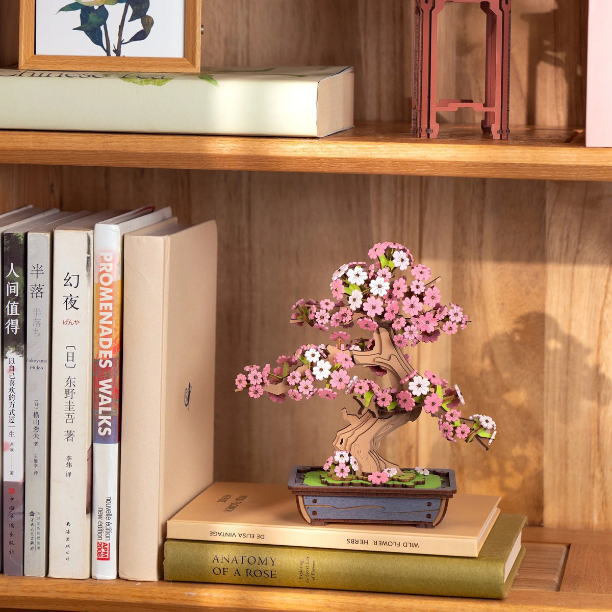 Small bonsai tree with pink and white flowers on a stack of books in a wooden shelf setting.