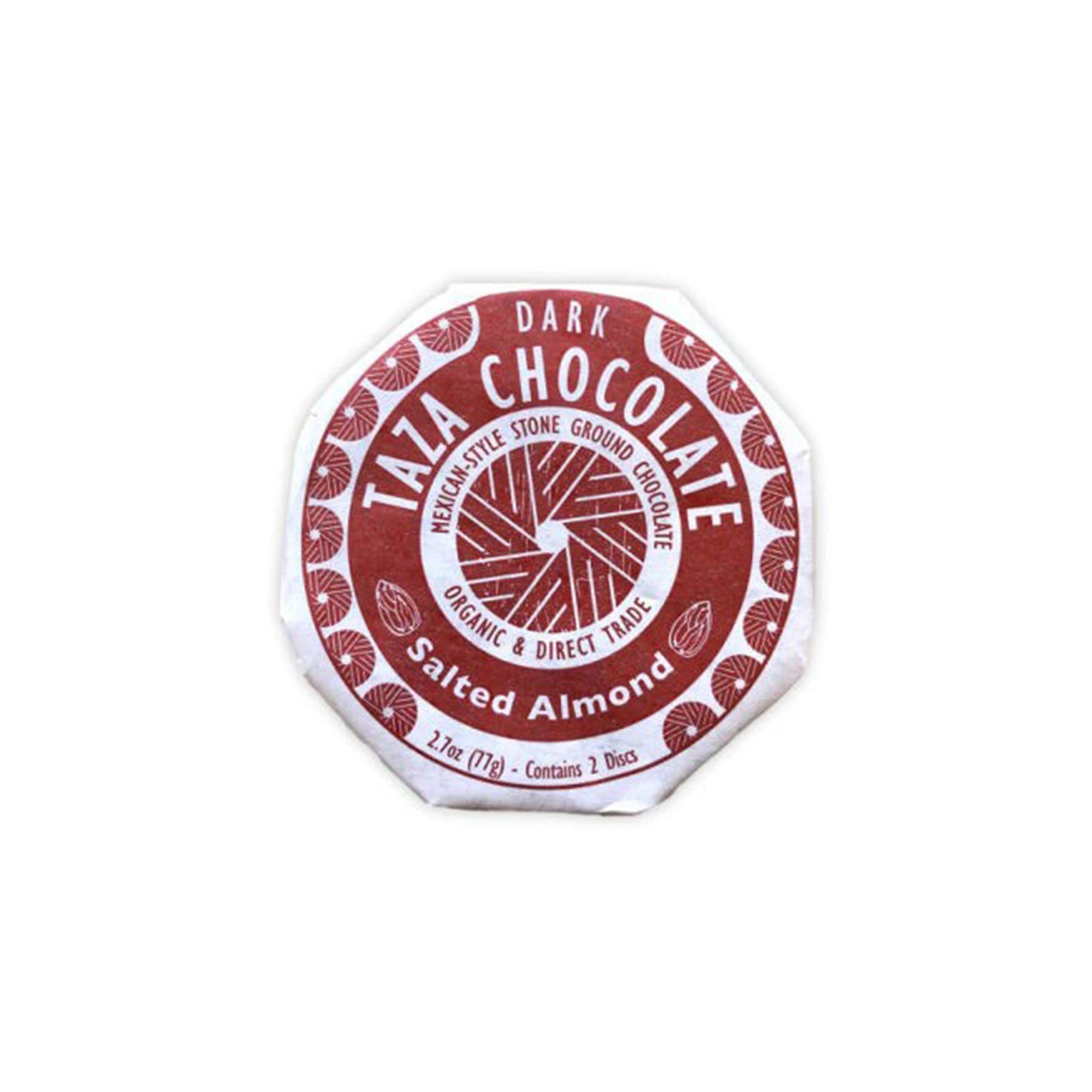 A single wrapped bar of Taza Chocolate Dark Salted Almond chocolate on a plain white background.