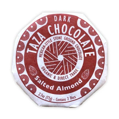 Stone ground, organic Mexican-style dark chocolate discs with fresh roasted almonds and sea salt ground right in. Experience chocolate with true grit! Two delicious chocolate discs in each package, perfect for sharing. Ingredients: 44% cacao 2.7 oz Dark Chocolate Disc. It is also dairy free, soy free, and vegan. 2.7 oz