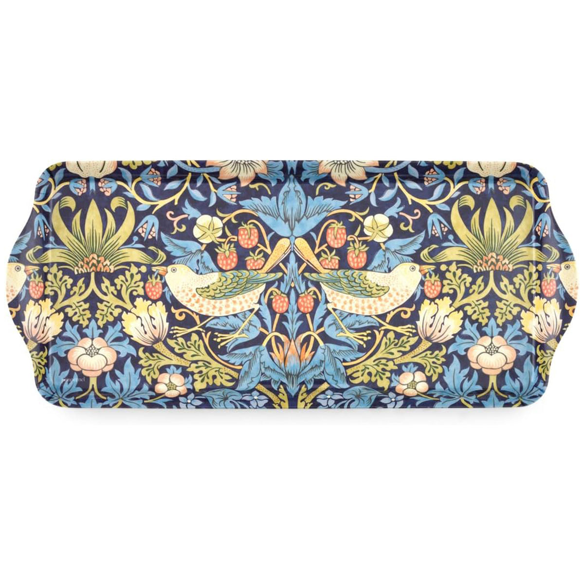 Decorative melamine tray featuring William Morris' Strawberry Thief Design in tones of blue, natural and green, with floral and bird pattern on a blue background