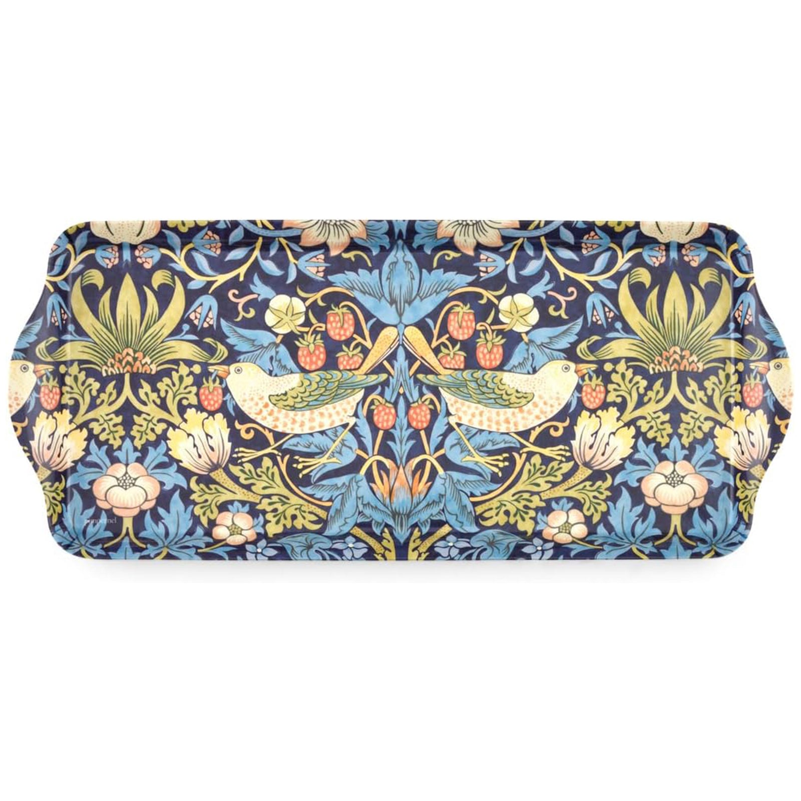 Decorative melamine tray featuring William Morris' Strawberry Thief Design in tones of blue, natural and green, with floral and bird pattern on a blue background