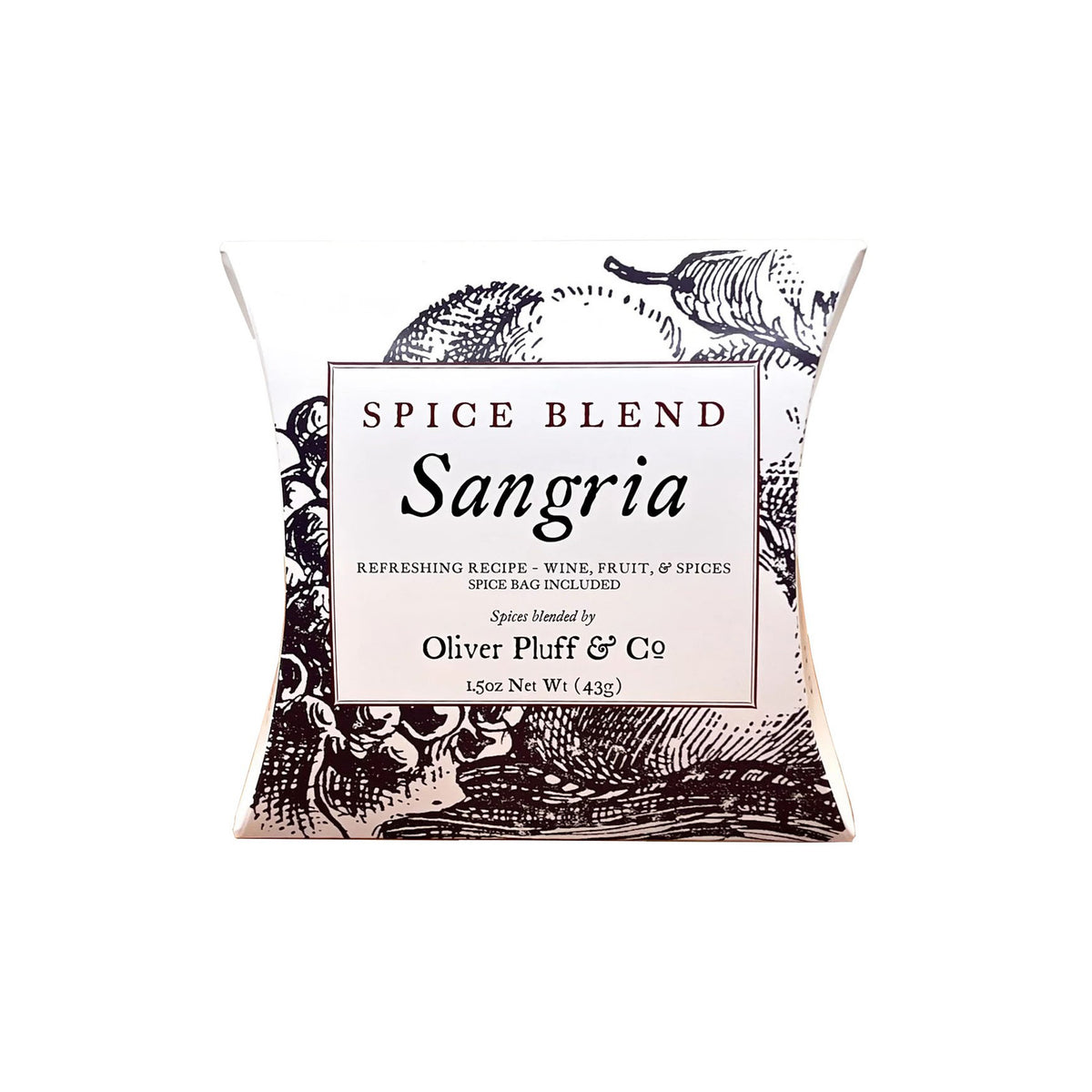 Packaging of Sangria Spice Blend with black and white floral pattern and text detailing the product name and brand, Oliver Pluff & Co.