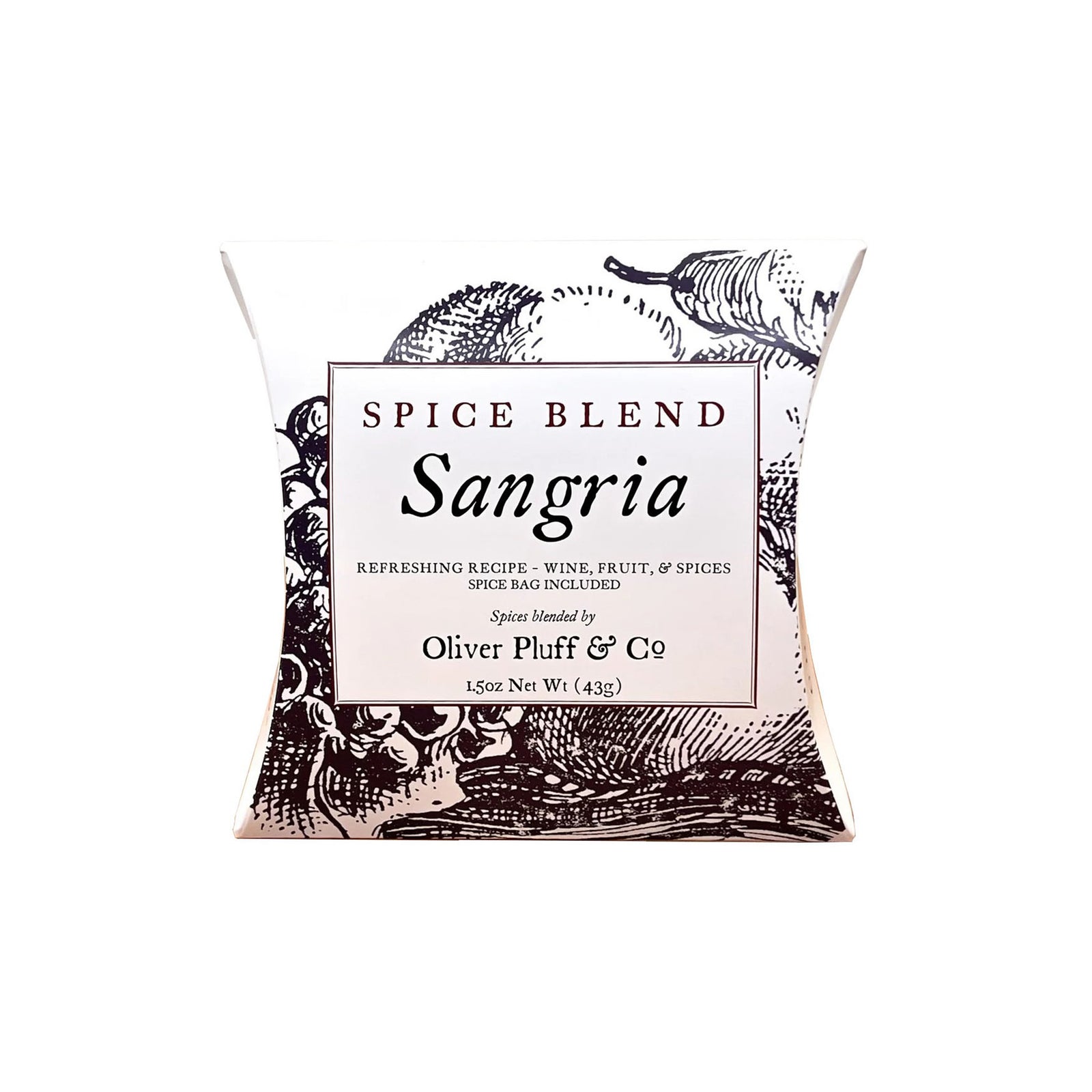 Packaging of Sangria Spice Blend with black and white floral pattern and text detailing the product name and brand, Oliver Pluff & Co.
